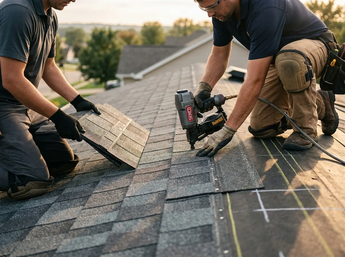 Professional roofer working on a residential roof in Statesville
